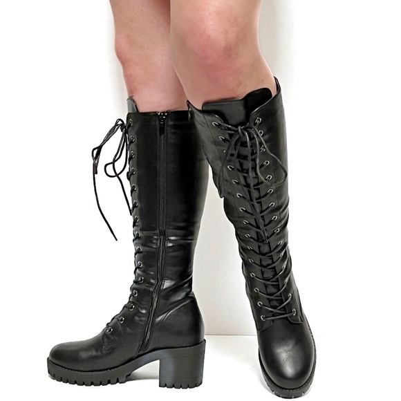 New Black Knee High Platform Combat Lace Up Heel Boots - Picture 2 of 3